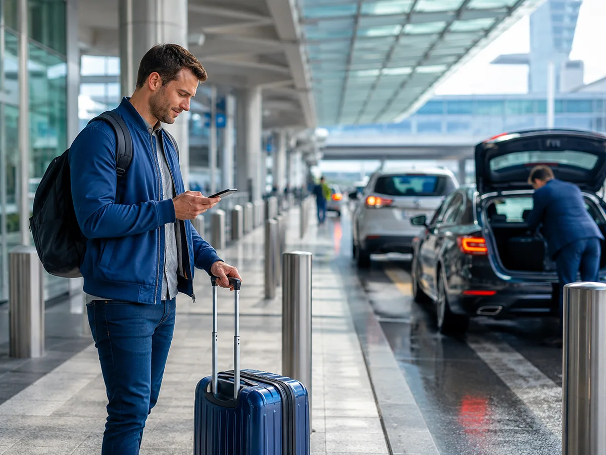 Airport pickup area with traveler and luggage