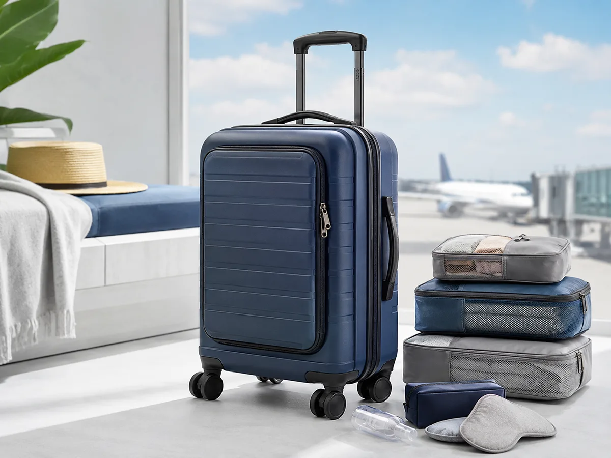 Carry-on luggage prepared for an international trip