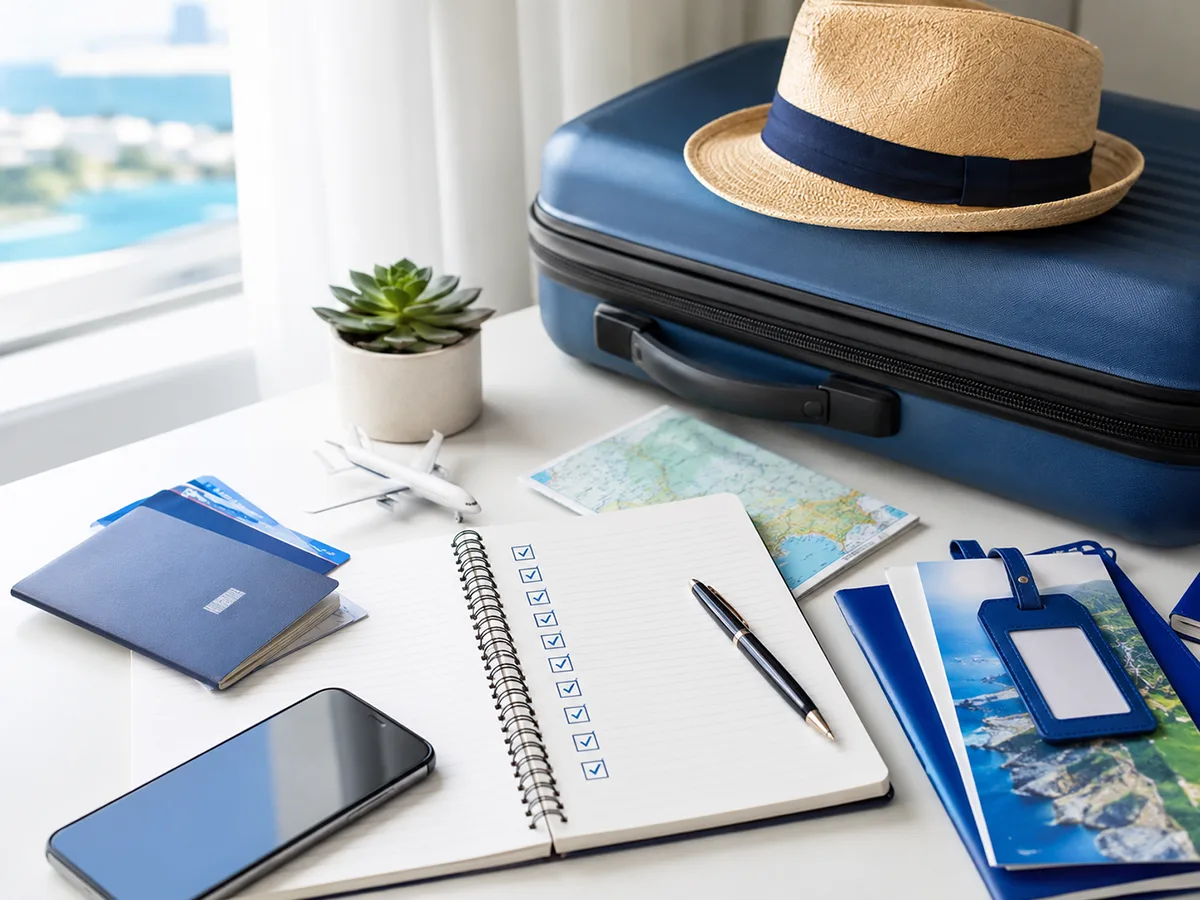 Travel planning desk with documents and packing decisions