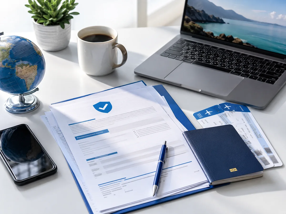 International travel checklist with documents and luggage