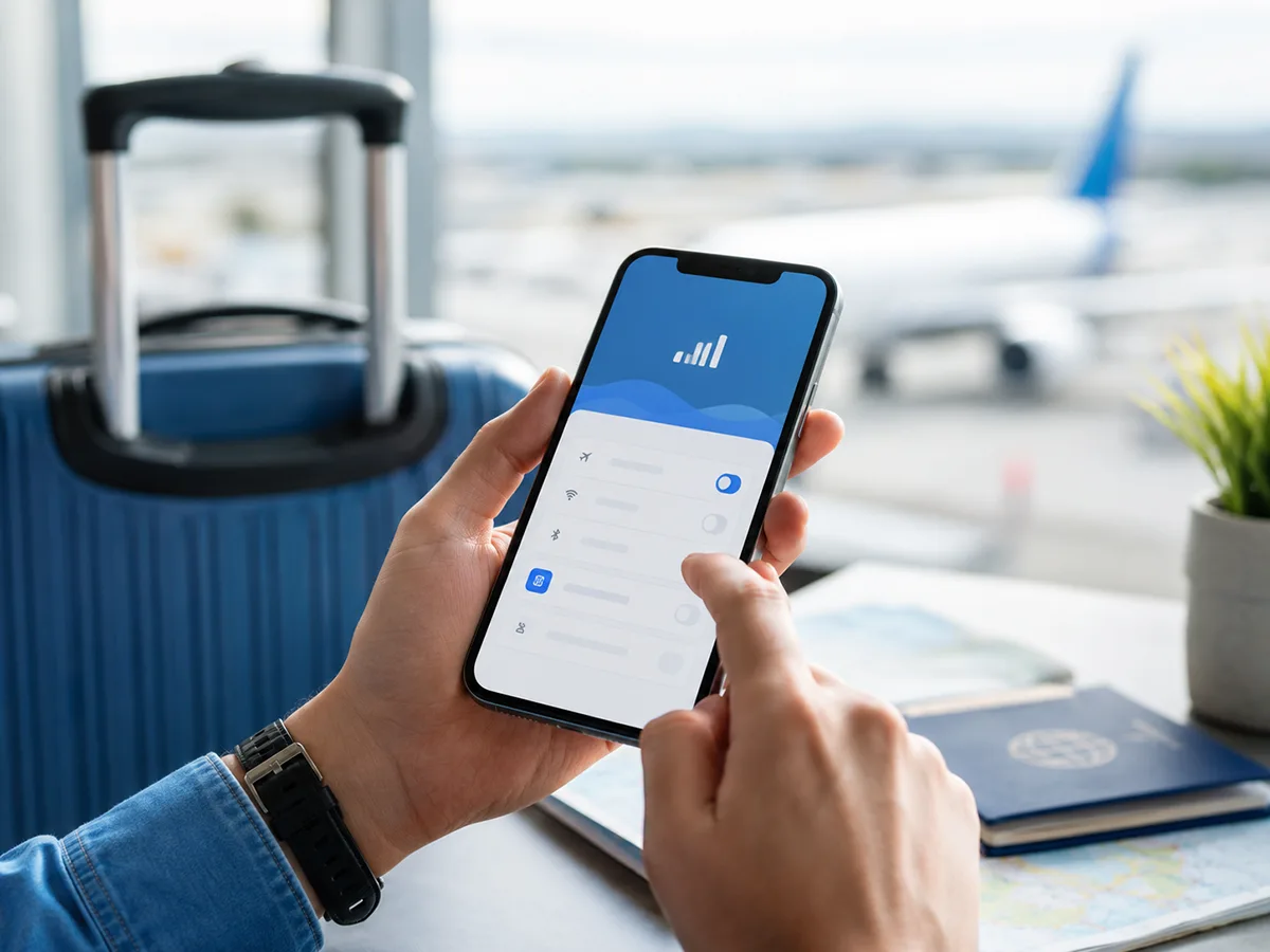 Traveler setting up mobile data with an eSIM