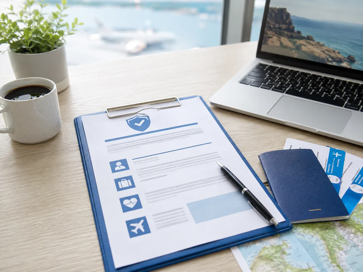 Travel insurance documents beside passport and tickets